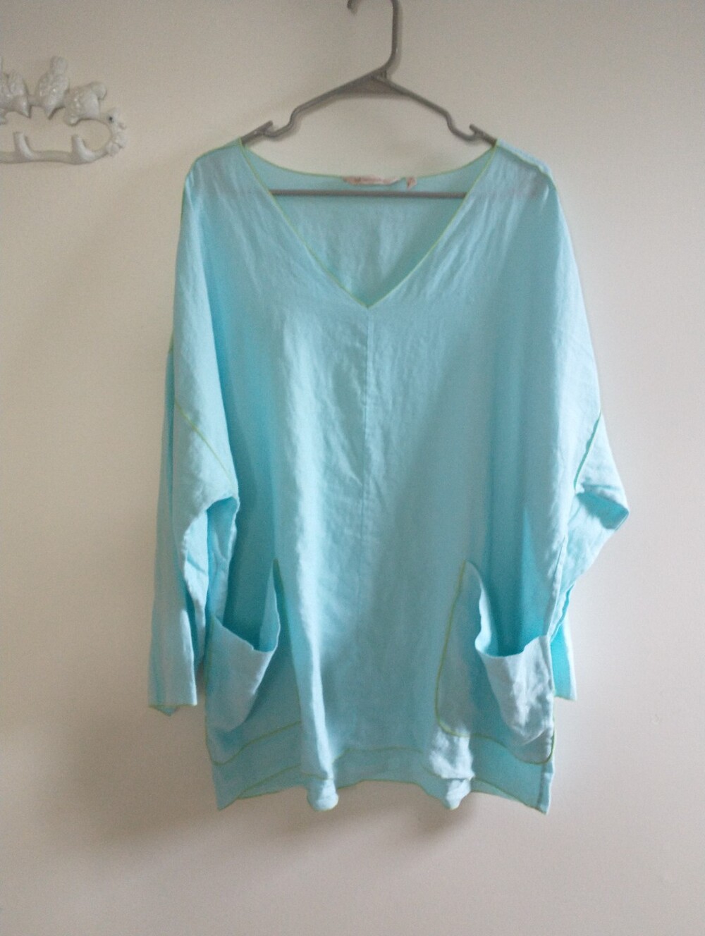 Soft Surroundings 100% Linen Blue V-Neck Oversized Pocket Tunic Top 1X